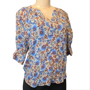 Claudie Pierlot Paris Silk Blend Liberty Red Blue Floral V-Neck Blouse Women's S